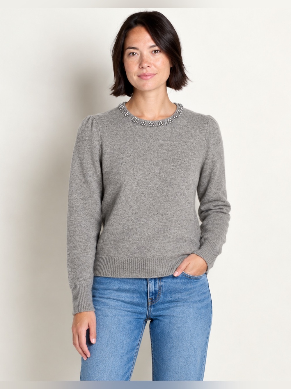Woolovers 100% Lambs Wool Crewneck Embellished Sweater Gray size Small *J